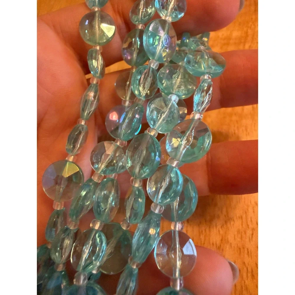 West Germany Aqua Blue AB Glass Bead Triple Strand Necklace Clip Earring Set